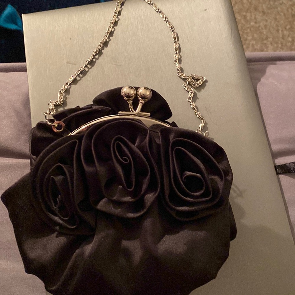 Vintage black satin rosette evening bag with silver chain handle